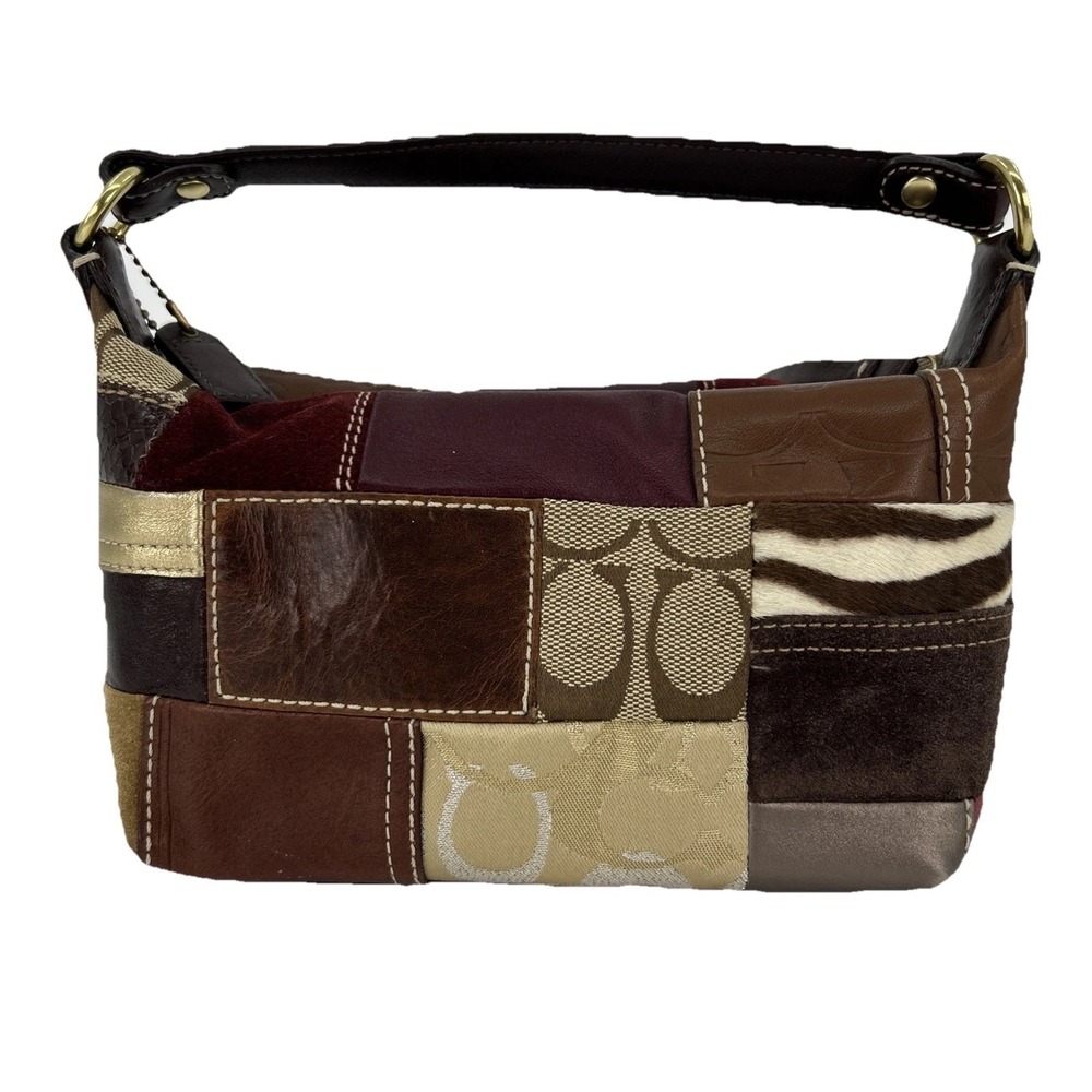 Coach‎ Holiday Patchwork Small Hobo Bag Multi Leather Suede Jacquard Brown Gold
